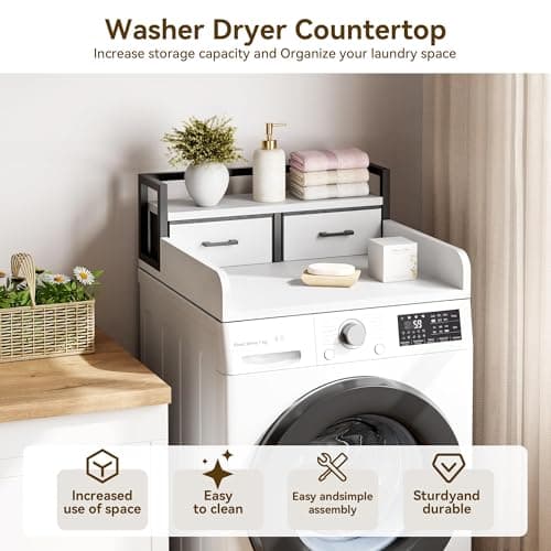 Garvee 2-Tier Washer Dryer Countertop with Shelf and 2 Drawers, Washing Machine Topper with High Guardrails and Smooth Edges for Laundry Hamper Storage Organization, White — view 4