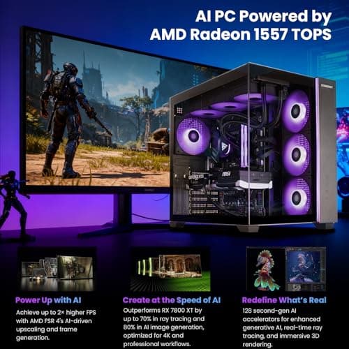 STORMCRAFT Falcon AI Gaming Desktop Computer AMD Ryzen 7 7800X3D, RX 9070 XT 16G, 32GB DDR5 6000MHz, 1TB NVMe SSD, 850W PSU 360mm AIO, ARGB Fans, USB-C, Bluetooth, Wi-Fi VR Ready PC Game Design Office — view 3