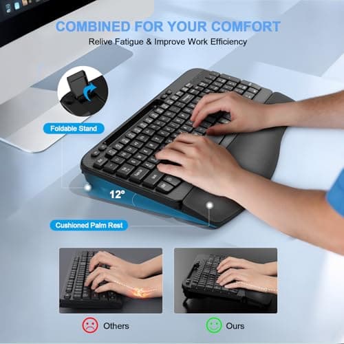 EAYBLLY 2.4G Wireless Ergonomic Keyboard, Full Size Wave Keys with Memory Foam Wrist Rest & 7.28in Phone Holder, USB-C Adapter Included for Windows Mac Chrome OS, Office or Home (Black) — view 3