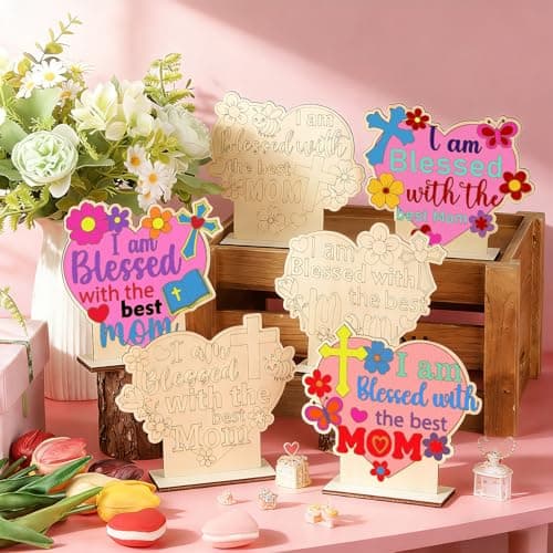 12 Set Religious Wooden Mother's Day Crafts for Kids DIY Color Your Own Mothers Day Cross Table Signs Coloring Christian Blessed Mom Gifts Home Tabletop to Paint Decor Birthday Classroom Activities — view 2