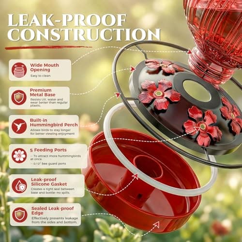 Glass Hummingbird Feeder for Outdoors Hanging, 26Oz Bird Nectar Feeder with Perch & 5 Flower Feeding Ports, Leak Proof for Outside Garden Decor Backyard, Gifts for Women Mom, Red — view 4