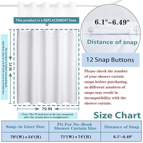 Snap in Shower Curtain Liner Replacement Shower Curtain Liner Removable Liner (1 Pack, 70" W x 54" H-White) — view 5