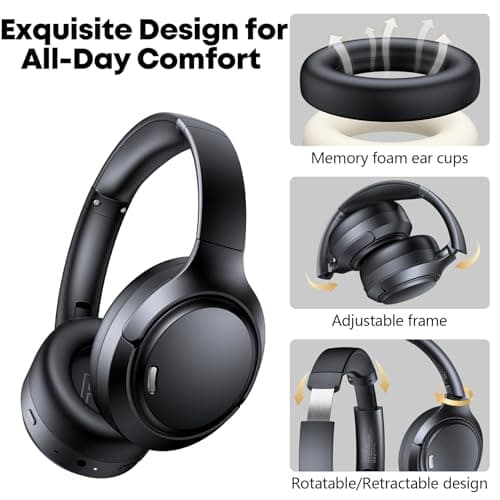 Hybrid Active Noise Cancelling Bluetooth 6.0 Headphones 120H Long Playtime, 6 ENC Mic, Over Ear Headphones Wireless, Hi-Res Audio, Memory Foam Earcup, Transparency Mode ANC Headphone for Travel Office — view 5
