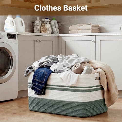 HOBASKET 75L Large Blanket Basket, 22"x17"x12"Rectangle Cotton Rope Woven Storage Basket with Handles, Laundry Hamper for Living Room, Nursery, Bedroom - Chemical-Free, Kid & Pet Safe - Sage Green — view 3