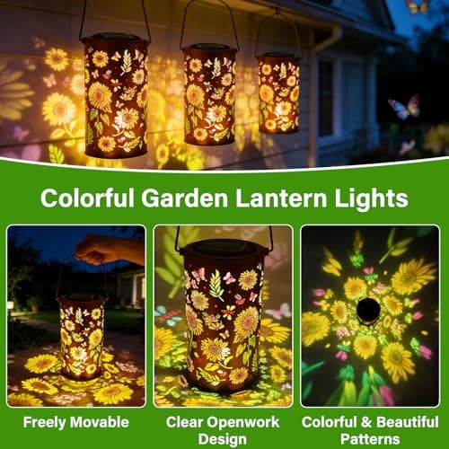 Colorful Solar Lanterns Outdoor Waterproof, Garden Decor Gifts for Women Mom Grandma - LED Colorful Sunflower Solar Powered Lights Metal Hanging Lantern for Outside Garden Patio Yard Lawn Porch Decor — view 2