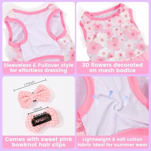 SIMCAPY Dog Dress, Fashion Puppy Tutu Princess Dresses for Small Dogs Girl, Sweet Skirt with Dog Bowknot Clips, Spring Dog Cat Clothes Pet Apparel (Pink Floral Dress, XXX-Small) — view 4