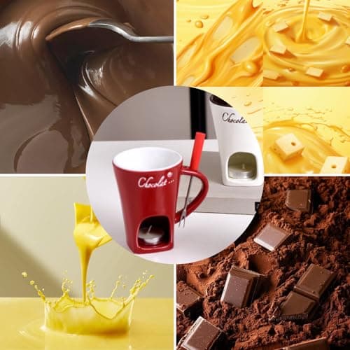 GOVNPJ Fondue Cup Set - 4 Ceramic Chocolate Fondue Mugs with 4 Stainless Steel Forks - Mini Fondue Set for Cheese/Chocolate Fondue, Butter Warming & Dipping (Candles Not Included) — view 3