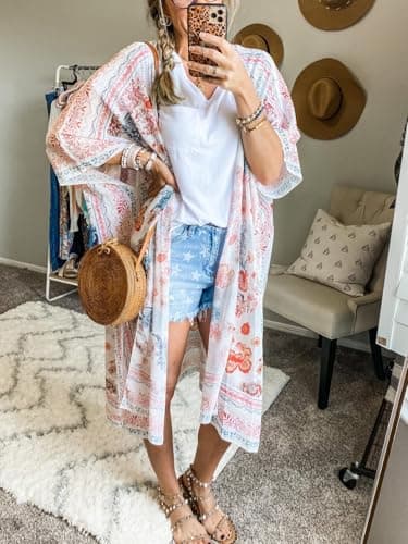 MayBuy Women's Summer Long Flowy Kimono Cardigans Boho Chiffon Beach Cover Up Tops, 0-floral1/Multicolored, Large — view 2
