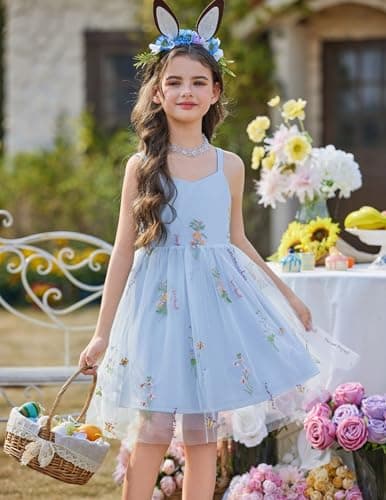 Arshiner Toddler Girls Tulle Dress Bowknot Tutu Birthday Princess Embroidery Blue Floral Dresses Formal Photoshoot Outfit Summer Clothes 5-6Years