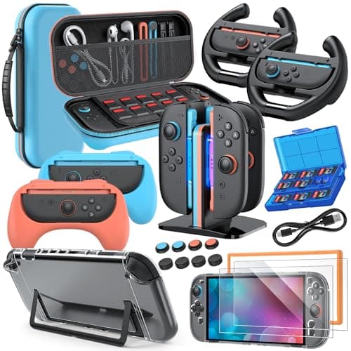 Switch 2 Accessories Bundle for Nintendo Switch 2 (2025), Switch 2 Case bundle Kits: MENEEA Carrying Case, Switch 2 Charger Dock, Grips for Joy Con, Steering Wheels, Protective Cover for Nintendo Switch 2 Controller Console