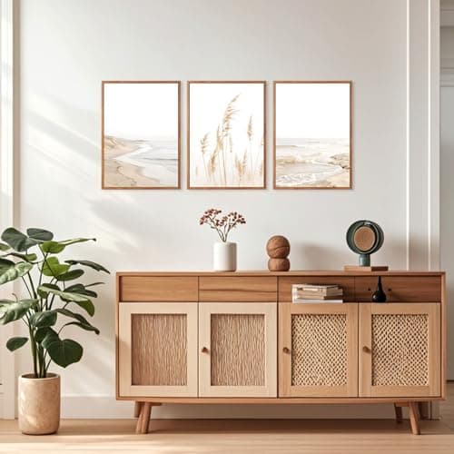 HPNIUB Modern Beach Artwork Seascape Wall Art, Seaside Framed Painting Reed Pathway Picture, Minimalist Neutral Coastal Landscape Wall Decor for Living Room,Bathroom(Set of 3,12X16 Inch) — view 3