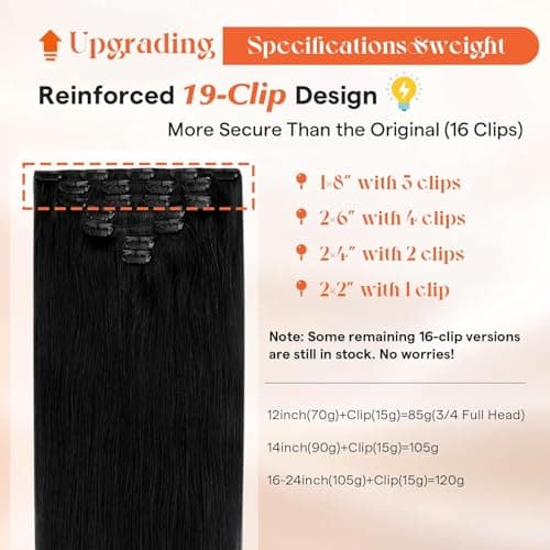 Sunny Hair Clip in Hair Extensions for Women 22inch 120g Remy Human Hair Extensions Clip in Human Hair Extensions Straight Human Hair Clip in Extensions Jet Black 7pcs — view 2