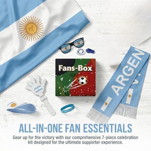 Soccer Fan Gear Set 2026-7 Piece Game Day Kit with Flag, Scarf, Glasses, Whistle, Clapper, Wristband & Headband in Gift Box - Watch Party & Stadium Essentials for Argentina — view 2