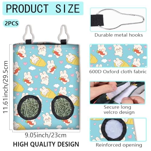 PRESSINART 2Pcs 2 Styles Hanging Rabbit Hay Feeder Bag 11.6 x 9.1 Inch, Bunny Hay Bag Pink Blue Cute Cartoon Design Cloth Washable Feeding Holders with 2 Holes for Guinea Pig Chinchillas Hamsters