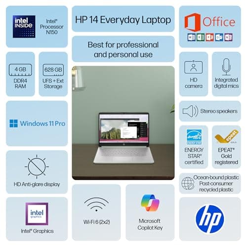 HP 14” Laptop Ultra-Portable Computer 2026 Student Business, MS Office, Copilot AI, Intel 4-Core CPU, 4GB RAM, 628GB Storage (128GB UFS+500GB Ext), Long Battery, MaxsolAccessory, Win 11 Pro, Green