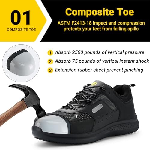 FitVille Men's Extra Wide Safety Work Shoes Protective Composite Toe Shoes Slip Resistant for Food Service All-Day Standing - Low Top SteelCore (11.5 Wide, Black) — view 2
