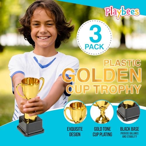 Playbees Fun Gold Plastic Trophies - 6 Pack - 7 Inch - Award Trophy Cup Set for Superstar Kids - Champion Celebrations, Sports Galore, and Victory Vibes - Desktop Toy — view 2