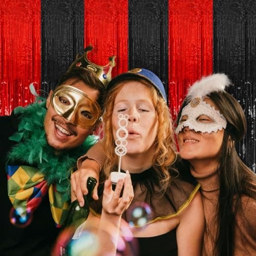 2 Pack Black and Red Party Backdrop Streamers Decorations Foil Fringe Curtains Metallic Tinsel Backdrop for Birthday Halloween Christmas New Year Fancy Ball Graduation Party Decor — view 2