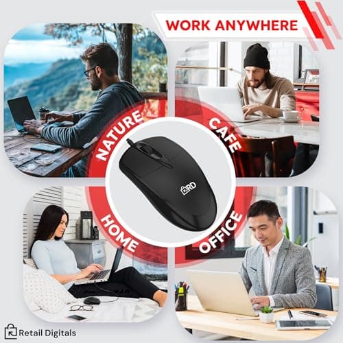 Retail Digitals 3-Button USB Wired Mouse | High-Precision Optical Tracking | Durable for Desktop & Laptop | Black — view 5