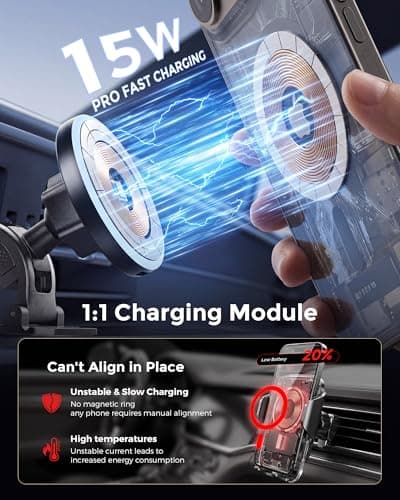 2-in-1 15W Magsafe Car Mount Charger, Magnetic Wireless Car Charger, 360° Dashboard & Air Vent Phone Mount, Phone Holders for Your Car, Car Accessories for Men Women for iPhone 17-12 — view 3