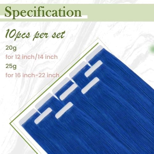 RUNATURE Blue Hair Extensions Tape in Human Hair Extensions 16 Inch 25g 10pcs — view 3