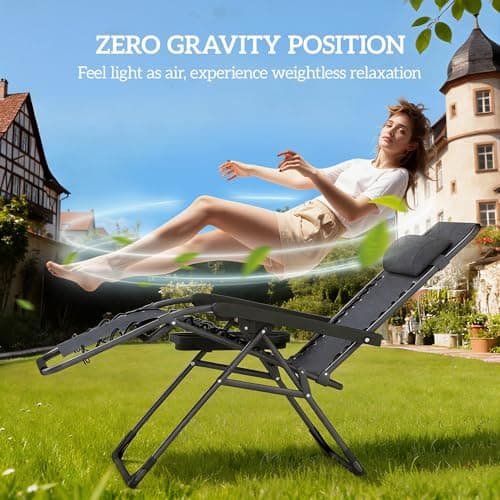 Outsunny Zero Gravity Chair Set of 2, Adjustable Reclining Outdoor Lounge Chair with Cup Holder, Folding Recliner Patio Chairs with Headrest for Patio, Pool, Camping, Dark Grey — view 3