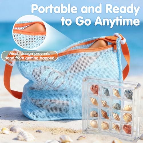 2 Pack Beach Sand Sifter with Seashell Bags & Shell Display Case, Beach Toys for Kids Beach Seashell Collecting, Seashell Beach Shovels for Boys and Girls — view 3