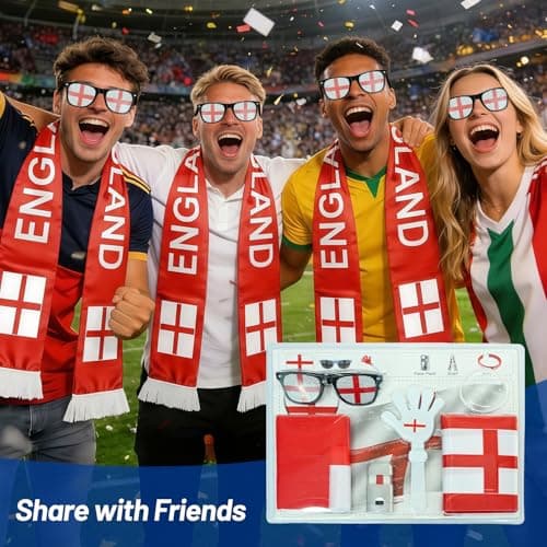 2026 World Cup England Fan Gear Set, 6PCS Soccer Party Supplies with England Flag, Scarf, Sunglasses, Face Paint, Clapper & Bracelet, Stadium Cheer Set for Game Day Decorations — view 5
