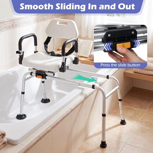 Giantex Sliding Shower Chair with Swivel Seat, Adjustable Height Tub Transfer Bench with Flip-Up Padded Armrests, Safety Belt, Wide Water-Draining Seat & Non-Slip Suction Feet for Seniors — view 2