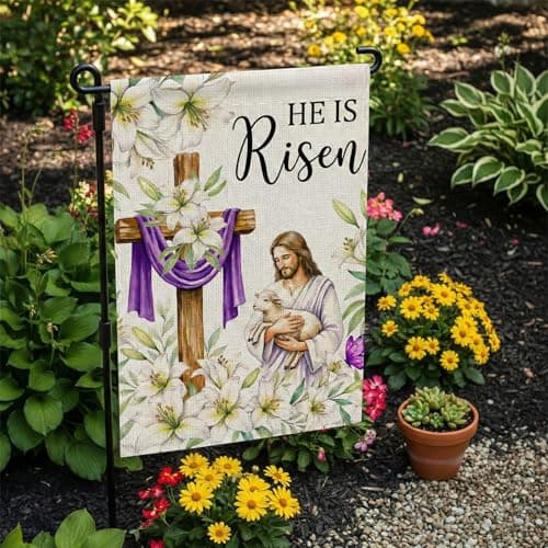 SMBLCE He Is Risen Easter Garden Flag 12x18 Inch Double Sided Outside flag, Jesus, Lamb, Cross, Bouquet of Lilies Yard Outdoor Easter Holiday Decoration