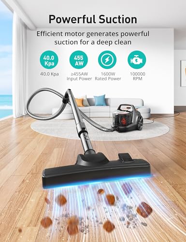 Aspiron Canister Vacuum, Upgraded 1600W Bagless Canister Vacuum Cleaner, Auto Cord Rewind, H13 HEPA Filter, 4Qt Large Capacity, 5 Tools for Hard Floors, Carpet, Pet, Upholstery, Car, Apricot