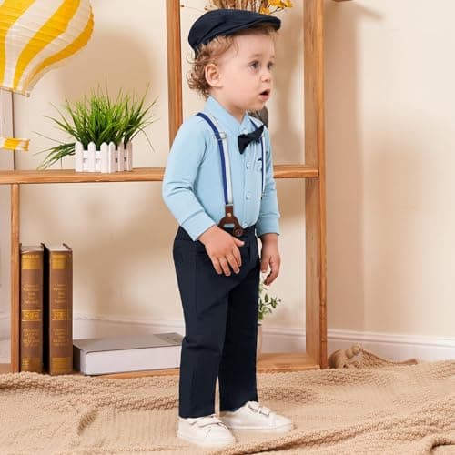 SOLOYEE Baby Boy Clothes Suits 6-9 Months Baby Boys Formal Wedding Outfits Long Sleeve Dress Shirt + Suspender Pants + Bowtie + Beret Gentleman Clothing Set (Blue, 6-9 Months) — view 2
