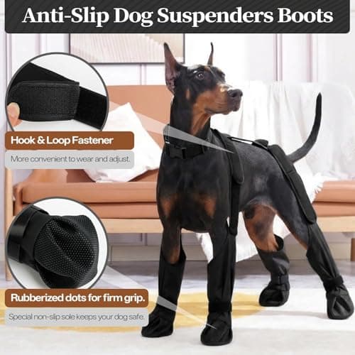 LETSQK Anti-Slip & Fall Dog Suspender Boots, Waterproof Adjustable Dog Shoes for Large Dogs, Dog Rain Boots Pet Paw Protector Recovery Booties for Outdoor Walking Rainy Snow Hiking, Black L — view 3