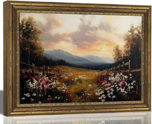 Vintage Gold Framed Wall Art, Retro Wildflower Canvas Print, Rustic Farmhouse Sunset Painting for Living Room, Bedroom, Office, 9x11 Inch