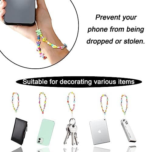 BlingKingdom Colourful Phone Accessories Charm String Beads Lanyard iPhone Wrist Strap Anti-Lost Phone Chain Smiley Face Evil Eye Flower Fruit Star Beaded Mobile Phone Charms Bracelet Phone Keychain — view 3