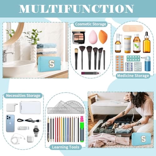 Small Personalized Initial A-Z Preppy Patch Makeup Bag,PU Chenille Letter Travel Cosmetic Pouch with Zipper,Blue Cute Toiletry Bag,Gift Ideal for Teen Girls Women Teacher Bridesmaid,Letter S — view 4