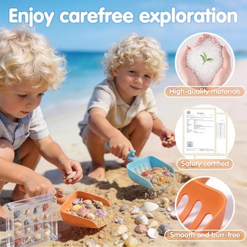 2 Pack Beach Sand Sifter with Seashell Bags & Shell Display Case, Beach Toys for Kids Beach Seashell Collecting, Seashell Beach Shovels for Boys and Girls — view 4