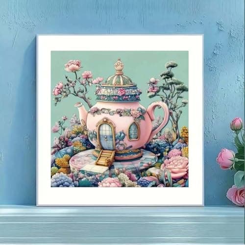 Teapot Castle Diamond Art Kits for Adults,5D Diamond Painting Kits for Beginner,DIY Full Round Drill Flower Diamond Dot Gem Painting With Dot Art Craft Kits for Home Wall Decor 13.79 x 13.79inch — view 2
