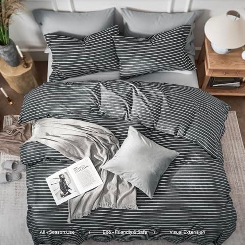 JELLYMONI Pinstriped 100% Washed Cotton Linen Like Duvet Cover Set, 3 Pieces Luxury Soft Bedding Set with Buttons Closure, Grey Stripes Pattern Printed Duvet Cover Queen Size(No Comforter) — view 7