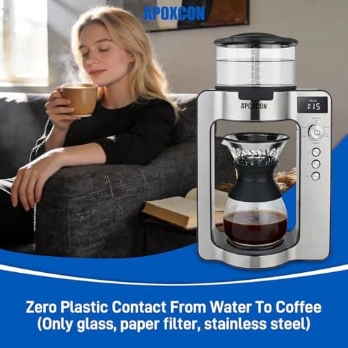 APOXCON Automatic Drip Coffee Maker for Coffee Enthusiasts -Pour Over Coffee Brewer with Programmable Timer, Hand Drip Simulation, Adjustable Strength, Built-in Scale, Glass Water Tank & Carafe — view 2