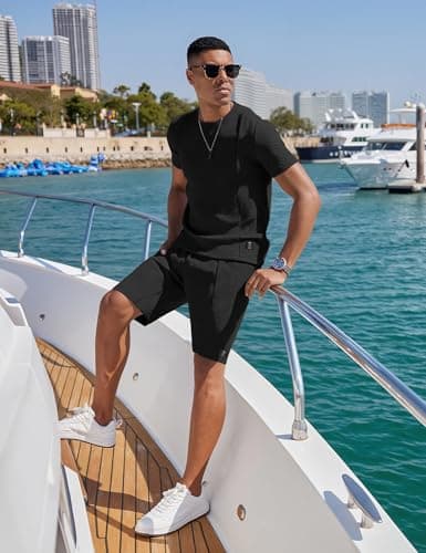 UOUA Mens Short Sets 2 Piece Summer Outfits Casual Short Sleeve Crew-Neck Shirts & Shorts Track Suit Jogging Loungewear, Black XL
