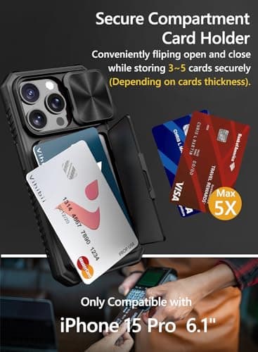 Vihibii for iPhone 15 Pro Max Case with Card Holder (4 Cards), Built-in 2X Privacy Screen Protector & Slide Camera Cover & Kickstand, Military Grade Drop Protection, Rugged Wallet Case, Black — view 2