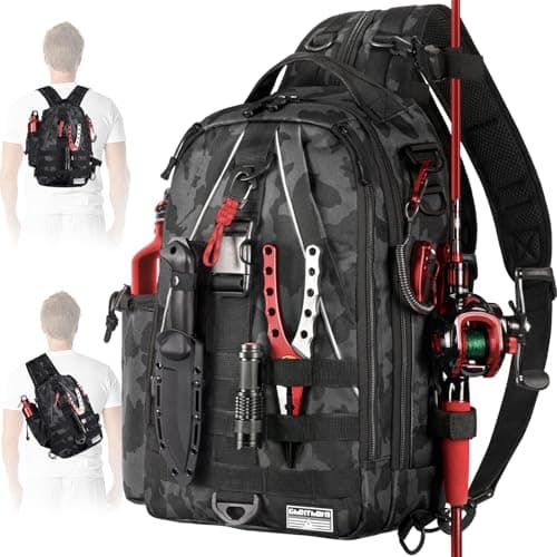 Ghosthorn Fishing Backpack with Rod Holder, Fishing Tackle Sling Bag, Lightweight Fish Storage Tackle Box Fly Fishing Gifts for Men Women Child (Black Camouflage)