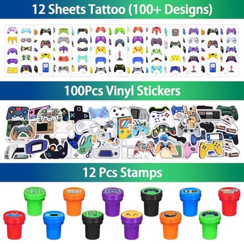 208Pcs Video Game Party Favors Pack for 12 Guest, Gamer Goodie Bag Stuffers for Kids Boys, Gaming Theme Birthday Party Decorations Supplies & Pinata Fillers — view 5