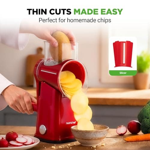 NutriChef 5 in 1 Cheese Grater & Shredder | 5 Different Blades for Thin, Thick, Julienne Strips, Wavy, & Straight Strips | Includes Hand Crank, Strong Suction Base & Storage Container | Red — view 5
