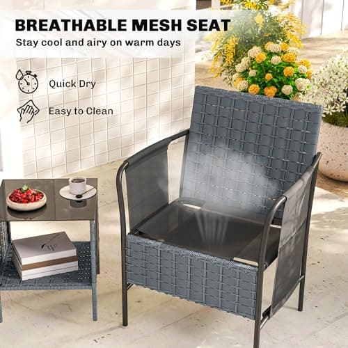 Outsunny 3 Piece Wicker Patio Furniture Set, Outdoor Bistro Set with Side Pockets, Mesh Seat, 2 Tier Glass Table, Cushions, Outdoor Conversation Furniture for Porch Balcony, Grey — view 4