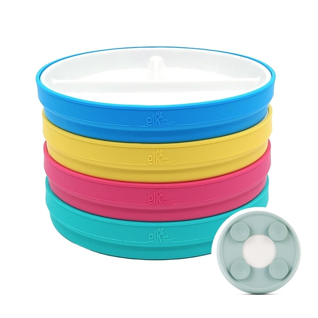 Elk and Friends Kids 6.7” Porcelain White Divided Plates with Silicone Sleeves | Suitable for Babies/Toddlers | Microwave & Dishwasher Safe | Non Slip Dinnerware | Snack Dishes | 4 Pack — view 23
