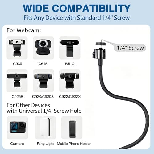 Sirmpuna Webcam Stand Mount, Flexible Gooseneck Webcam Arm Stand with Desk Camera Mount Clip Clamp for Logitech C922 C930e C920S C920 C615 C960 C920x Brio 4K NexiGo N60 and More — view 3