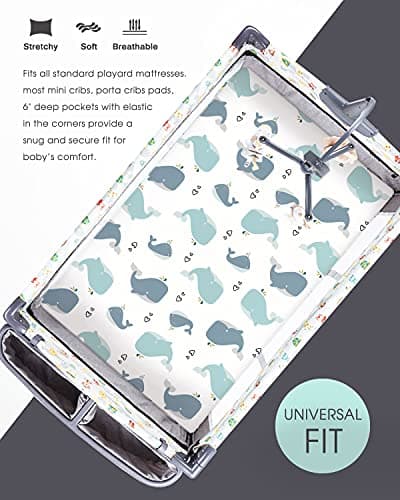 GRSSDER Stretchy Ultra Soft Jersey Knit Fitted Pack n Play Sheets Set 2 Pack, Portable/Mini Cribs Playards Sheets, Universal Fitted Pack and Play Mattress Sheets, Lovely Whale for Girls and Boys — view 2