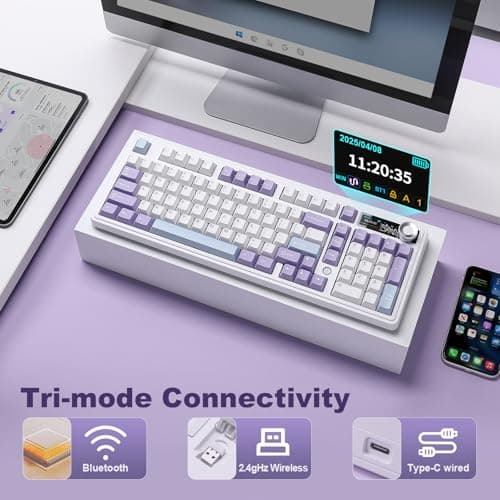 MIKIBY AJAZZ AK980 Mechanical Keyboard, Creamy & Thocky with Smart Display & Knob, 98% Wireless Tri-Mode BT/2.4G/USB-C, Hot Swappable, RGB Light for Win & Mac (Purple, Murad Switch) — view 2